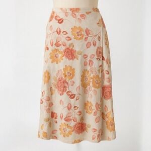 Eddie Bauer Linen Floral Wrap Midi Skirt XL 16 Beige Orange Pink Fairy Boho Twee
